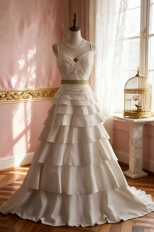 White halter-neck, fitted waist, tiered skirt, long ball gown R6722