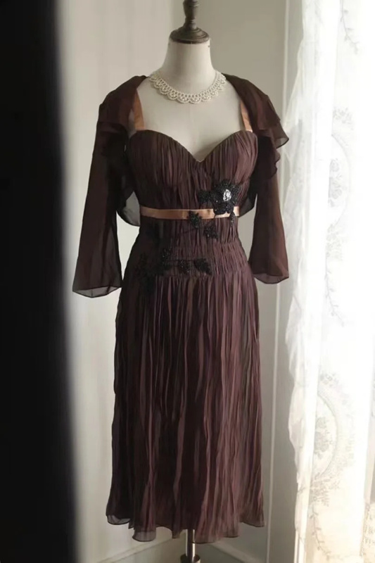 Brown halter-neck high-waisted sexy midi-length prom dress R6840