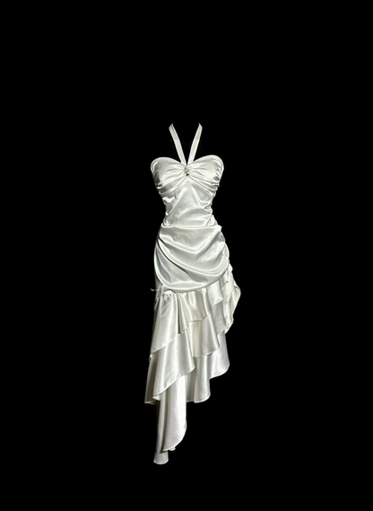 White halter-neck, fitted waist, pleated, irregularly shaped midi skirt ball gown R6682