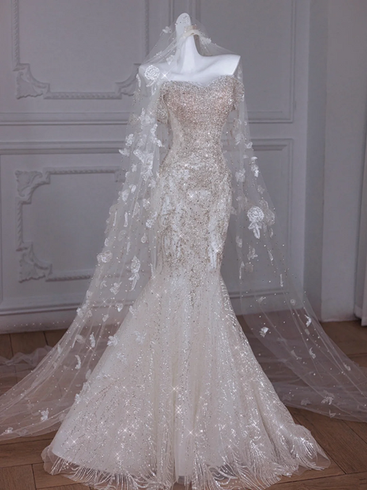 White tube top diamond waist slim hip fishtail long dress bridal gown R5844