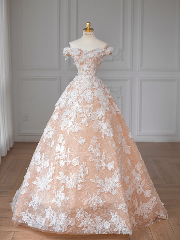 Pink One Shoulder Printed Slim Waist A-Line Ball Gown Bridal Gown R5882