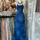 Blue halter-neck fitted long ball gown R7521