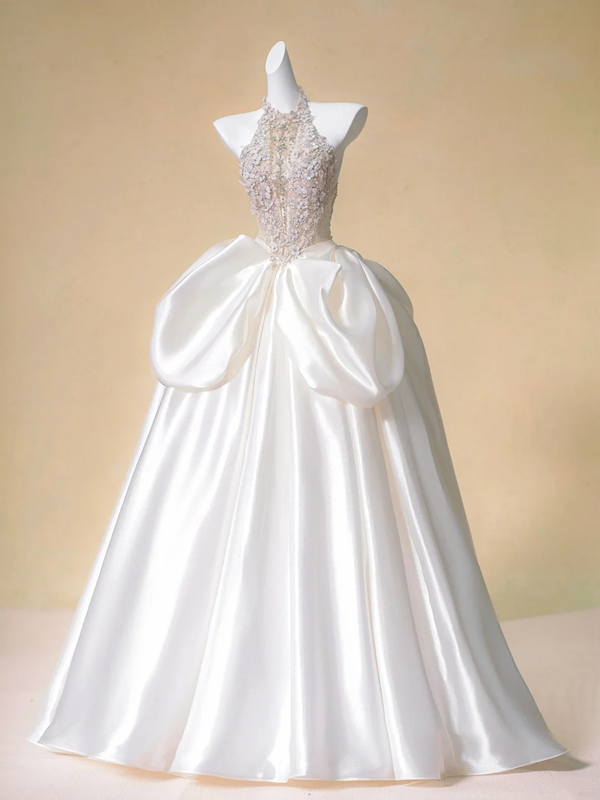 Pink halter neck diamond waist slim white skirt satin long dress bridal gown R5728