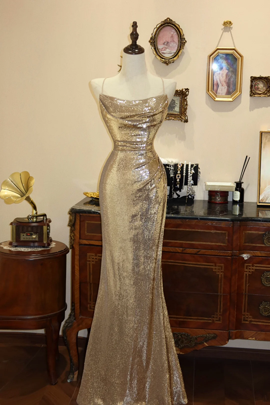 Gold sequined halter-neck fitted bodycon long ball gown R7194