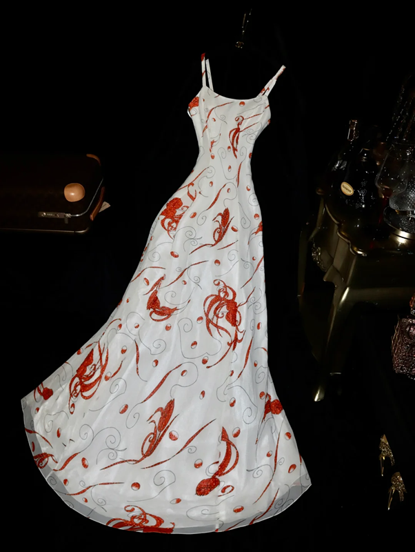 White halter-neck, fitted striped long ball gown, elegant and fairy-like style R6961