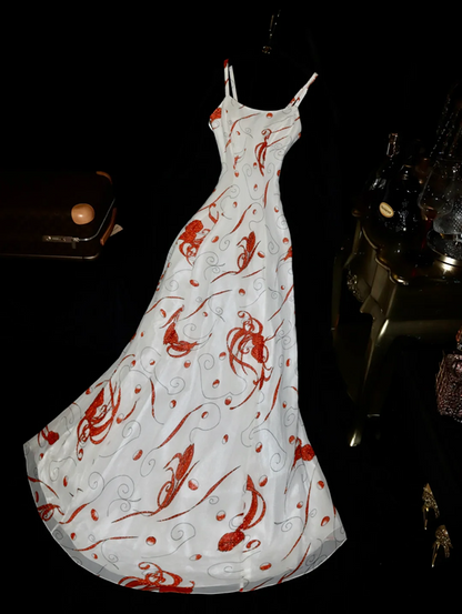 White halter-neck, fitted striped long ball gown, elegant and fairy-like style R6961