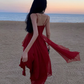Fairy dress red beach dress vacation travel wear high waist irregular suspender skirt R1581