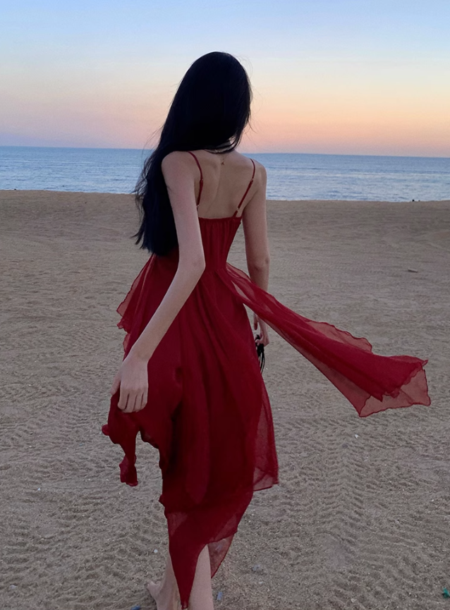 Fairy dress red beach dress vacation travel wear high waist irregular suspender skirt R1581