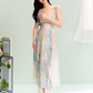 Chiffon smudged kelp-edge printed suspender dress for women summer waist-length dress R3327