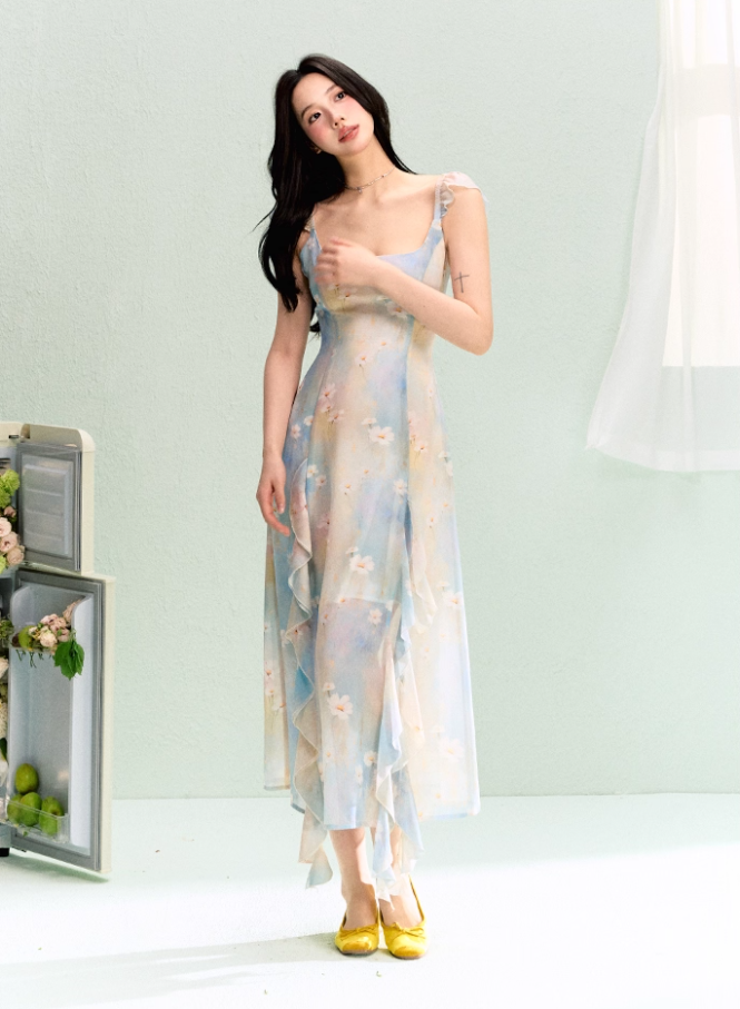Chiffon smudged kelp-edge printed suspender dress for women summer waist-length dress R3327