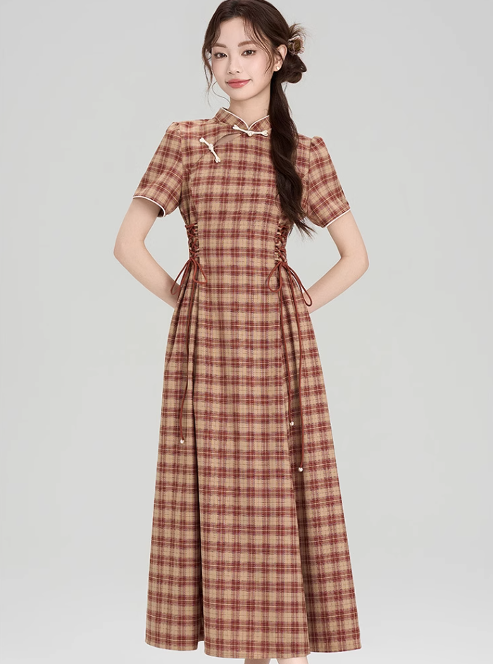 New Chinese style cheongsam dress new slim retro plaid long skirt R2407