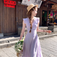 Purple V-neck small flying sleeve waist long dress summer French temperament lace skirt R4584