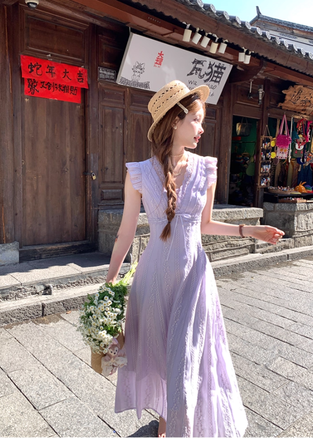 Purple V-neck small flying sleeve waist long dress summer French temperament lace skirt R4584