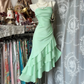 Champagne-colored strapless satin slim-waisted ruffled hem maxi ball gown R6180