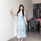 One dress with multiple wears Blue bow suspender dress Gentle temperament waist A-line long skirt R0464