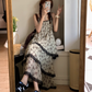 Fairy floral sling cake skirt retro college style v-neck tea break French niche design dress R1733