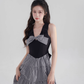 Black halter neck skirt new summer plaid waist high-end dress bow French retro skirt R4144