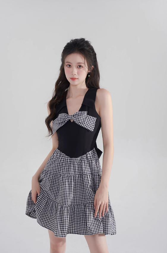 Black halter neck skirt new summer plaid waist high-end dress bow French retro skirt R4144