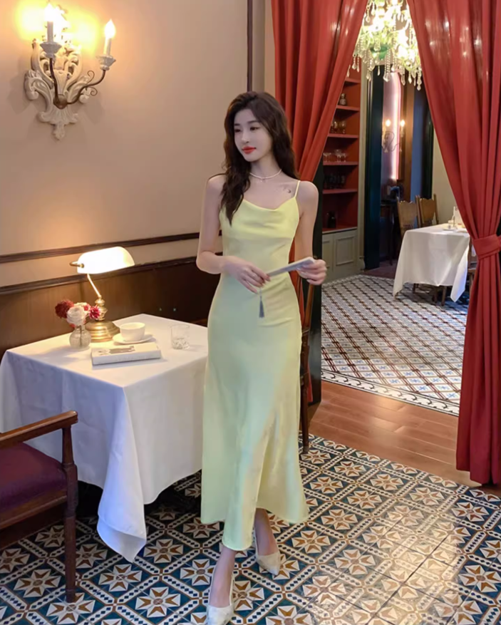 High-grade silk suspender dress 2025 new women's slim fit base acetate vest long skirt R0996