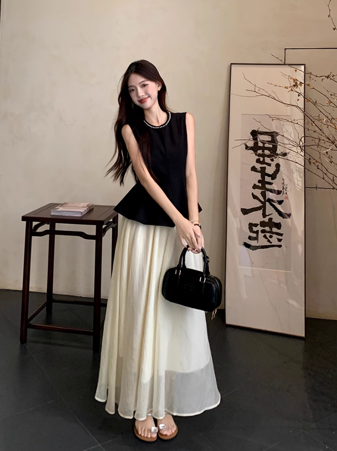 Fairy retro new Chinese suit sleeveless black vest blouse top high waist skirt two-piece suit R1713