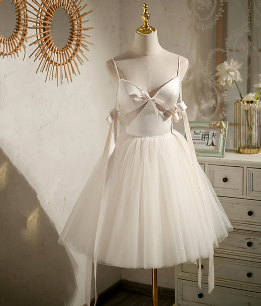 White Elegant Homecoming Dress ,Silky Bow Decor Corset Short Prom Dress RS1679