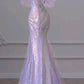 Light purple one-shoulder slim-waist fishtail maxi dress, prom dress R5325