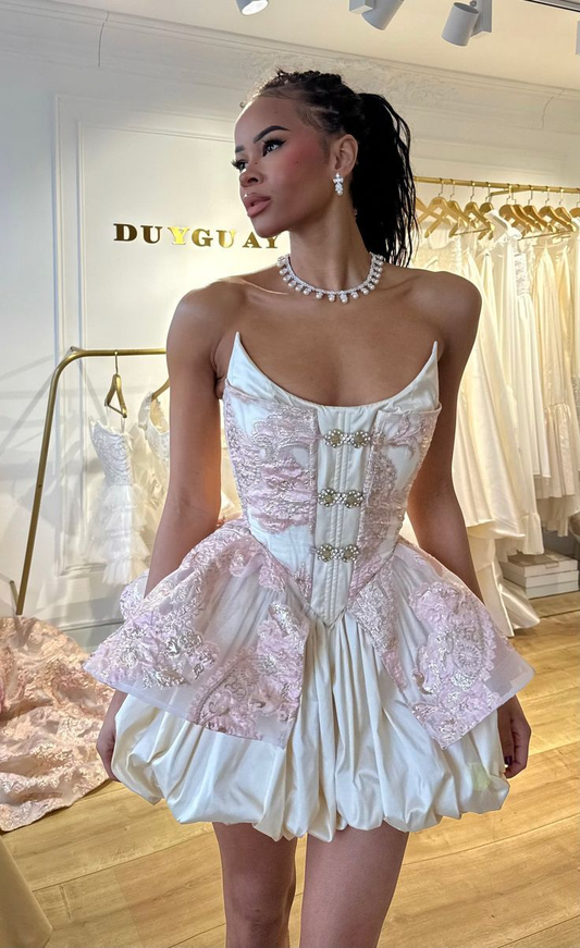 White background pink embroidery waist slim flower bud skirt short skirt homecoming dress R5492