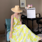 Cold style suspender dress women's printed backless travel beach dress holiday super fairy long dress R0182