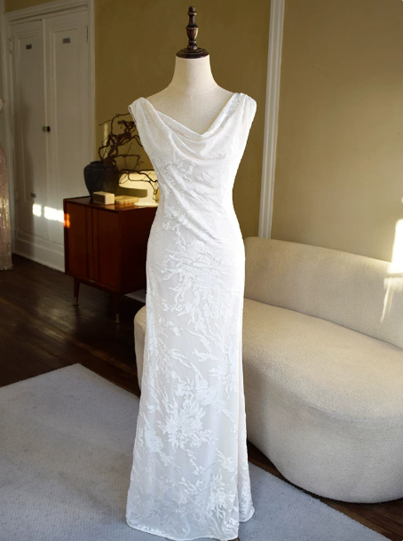 Elegant White Sheath Portrait Embroidery Open Back Corset Maxi Prom Dress RS473