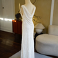 Elegant White Sheath Portrait Embroidery Open Back Corset Maxi Prom Dress RS473