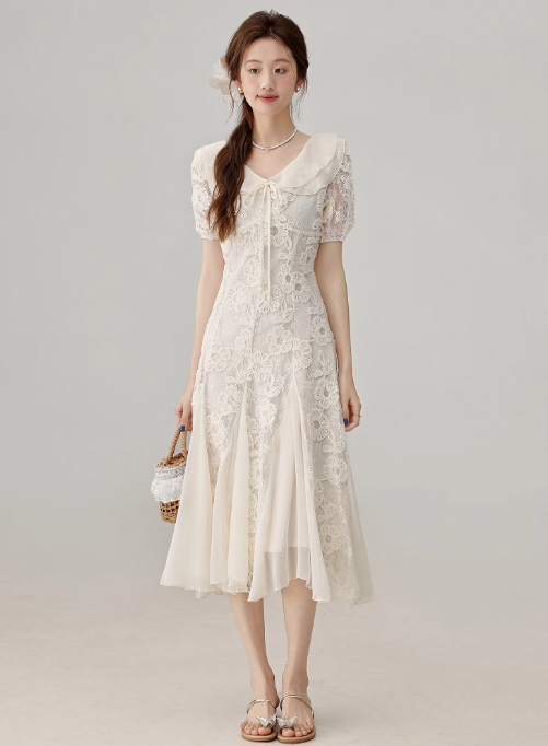 French style gentle lace stitching apricot dress waist long skirt R1926