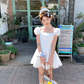 White waist square neck puff sleeves A-line dress women's French retro skirt R4949