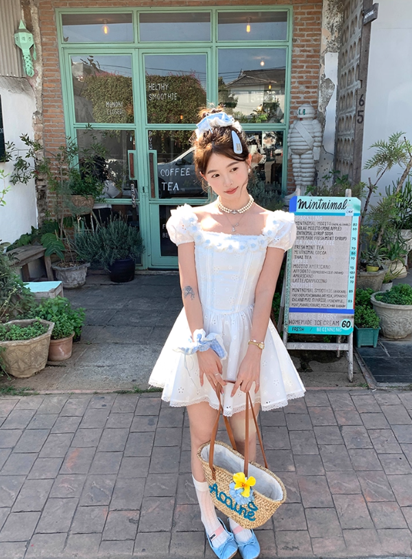 White waist square neck puff sleeves A-line dress women's French retro skirt R4949