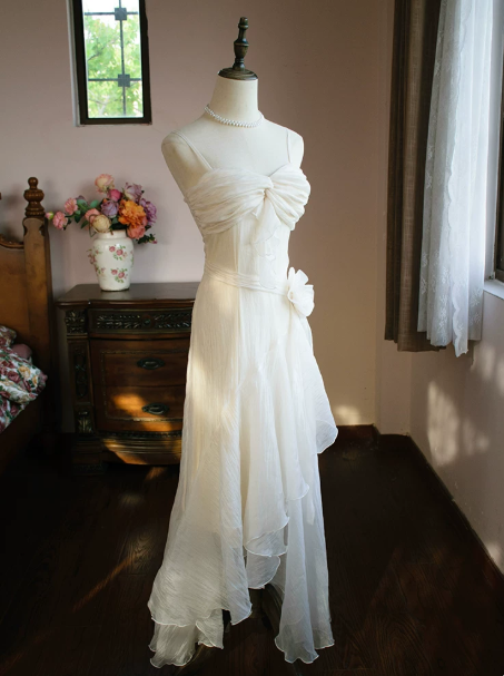 Gentle White A-line Spaghetti Straps Irregular Hem Corset Maxi Prom Dress Summer Dress RS498