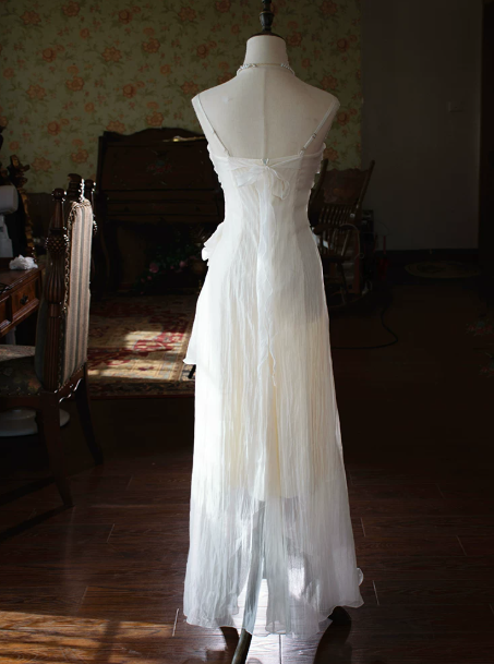 Gentle White A-line Spaghetti Straps Irregular Hem Corset Maxi Prom Dress Summer Dress RS498