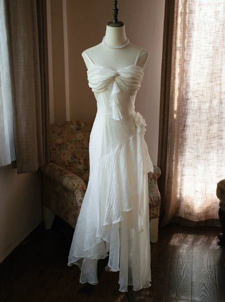 Gentle White A-line Spaghetti Straps Irregular Hem Corset Maxi Prom Dress Summer Dress RS498