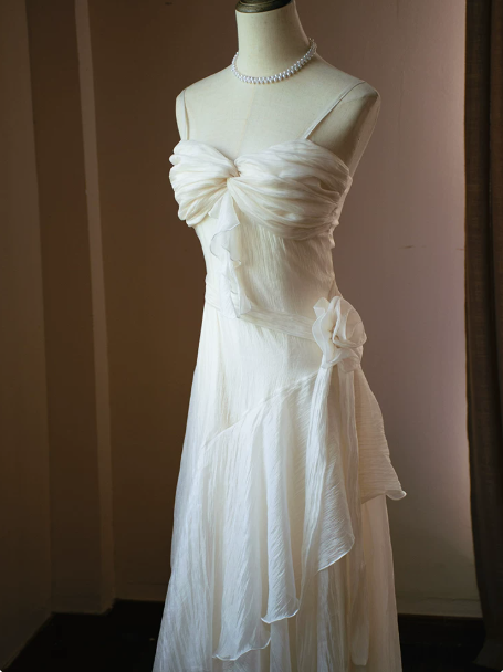 Gentle White A-line Spaghetti Straps Irregular Hem Corset Maxi Prom Dress Summer Dress RS498