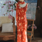 French Retro Orange Floral Sheath Spaghetti Straps Corset Maxi Prom Dress Summer Dress RS499