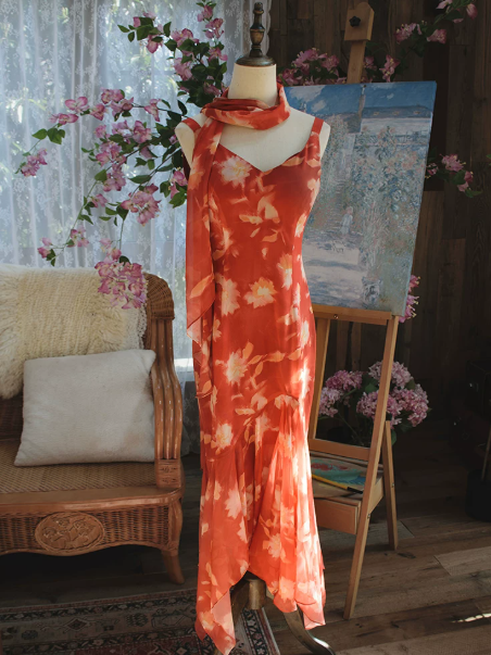 French Retro Orange Floral Sheath Spaghetti Straps Corset Maxi Prom Dress Summer Dress RS499
