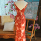 French Retro Orange Floral Sheath Spaghetti Straps Corset Maxi Prom Dress Summer Dress RS499