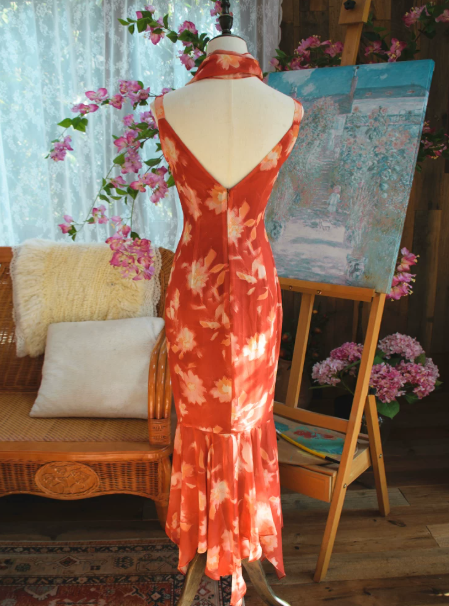 French Retro Orange Floral Sheath Spaghetti Straps Corset Maxi Prom Dress Summer Dress RS499