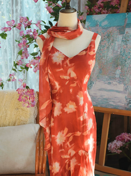 French Retro Orange Floral Sheath Spaghetti Straps Corset Maxi Prom Dress Summer Dress RS499