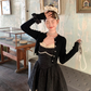 Black mid-length waist a-line suspender dress summer French retro skirt R4909