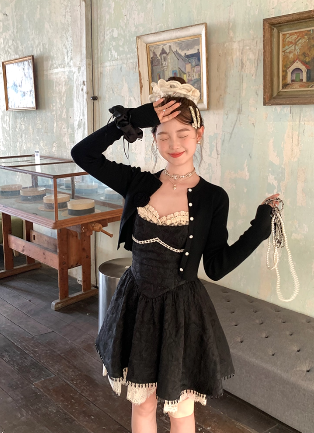 Black mid-length waist a-line suspender dress summer French retro skirt R4909