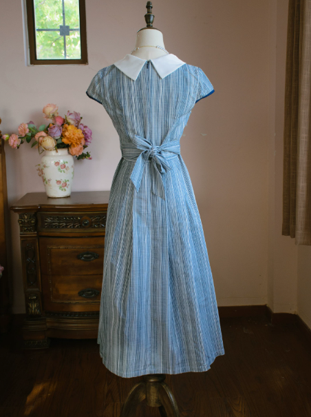 French Retro Blue Stripe A-Line Jewel Maxi Women Dress RS512