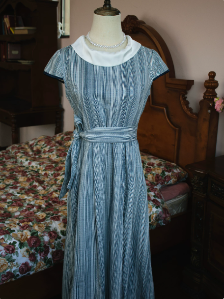 French Retro Blue Stripe A-Line Jewel Maxi Women Dress RS512