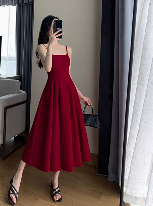 Retro red suspender dress slim waist square neck dress long skirt R1537