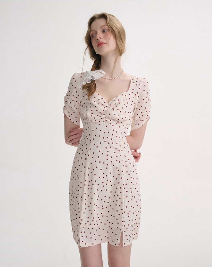 French polka dot short slit dress pastoral style mini skirt short sleeve skirt for women R3557