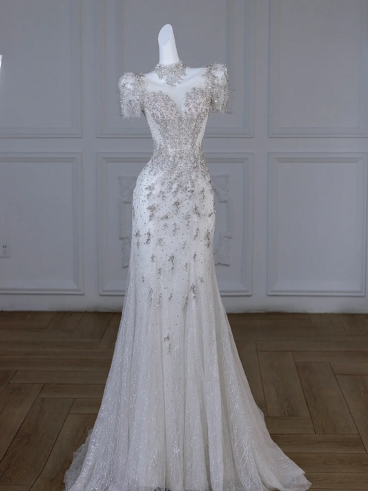 White diamond short-sleeved slim waist hip sexy long dress bridal gown R5845