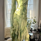 Light green floral print halter-neck fitted bodycon ball gown R6562